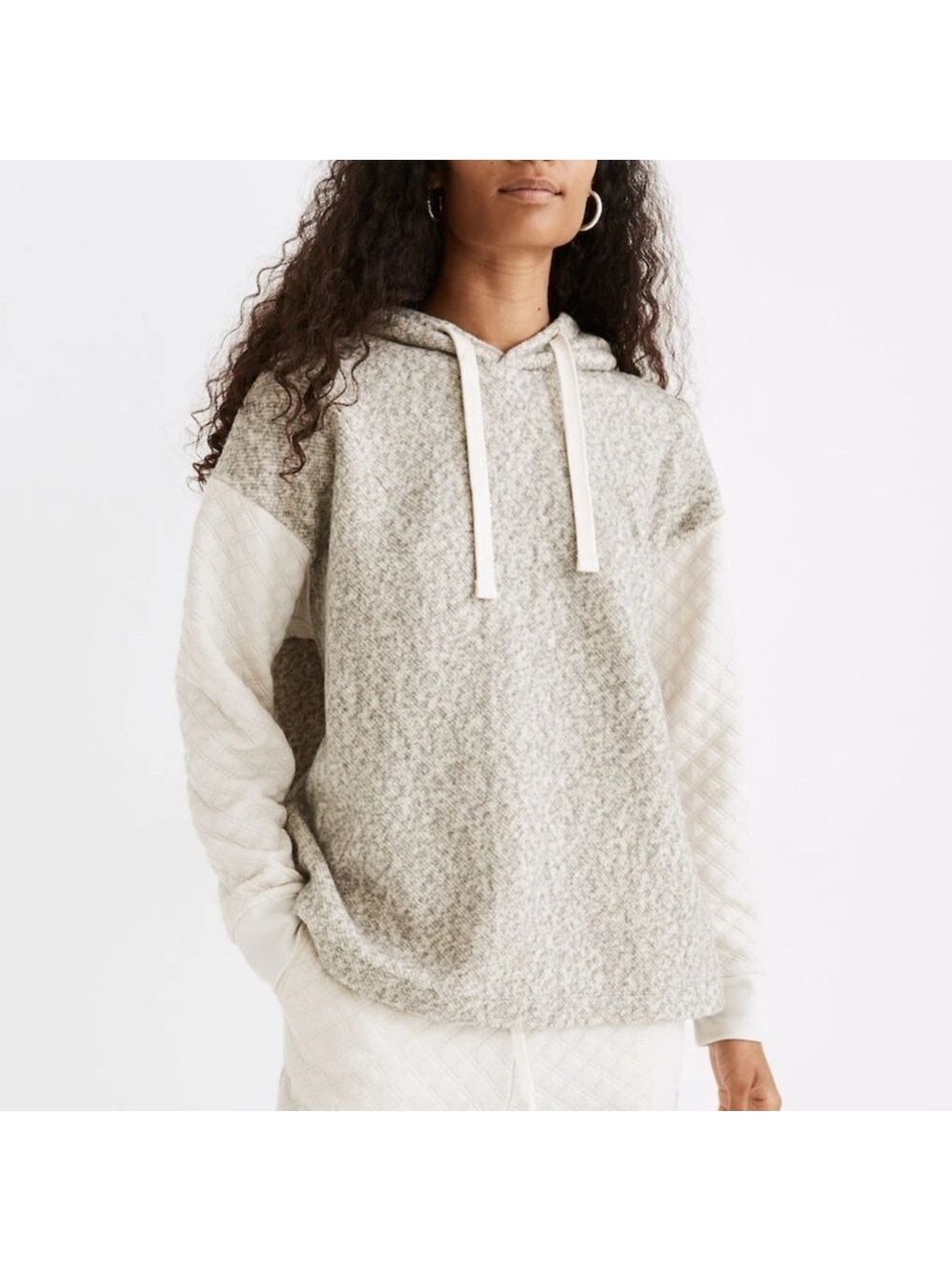 Madewell Oversized Pullover Quilted Sleeve Hoodie Sweatshirt SZ S Grey Cream